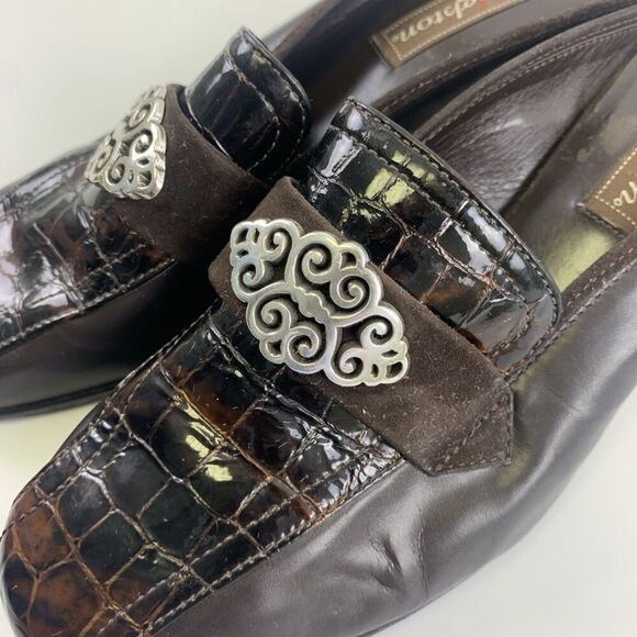 Brighton Avery Heel Mule Brown Croc Leather Slip On Medallion Round Womens 7.5 - Picture 7 of 14